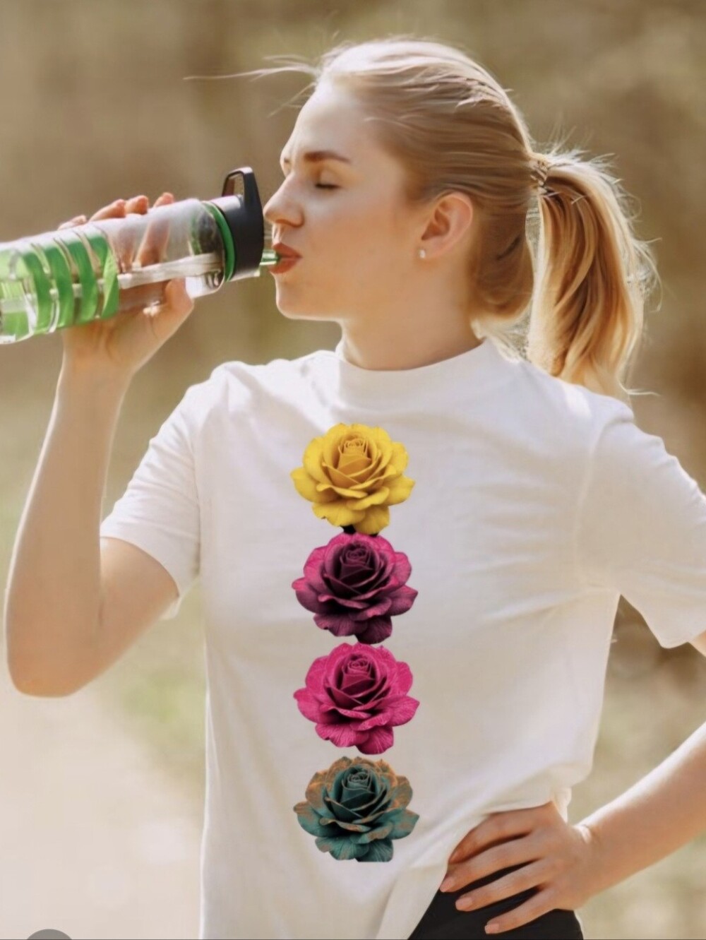 Luxury Black Neon Vertical Roses Floral Streetwear Graphic Tee - Picture 2 of 2